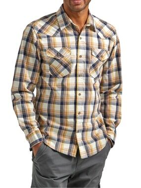 Wrangler Ivory/Navy/Mustard/Pink Plaid Button-Up Western Yoke Shirt (S)